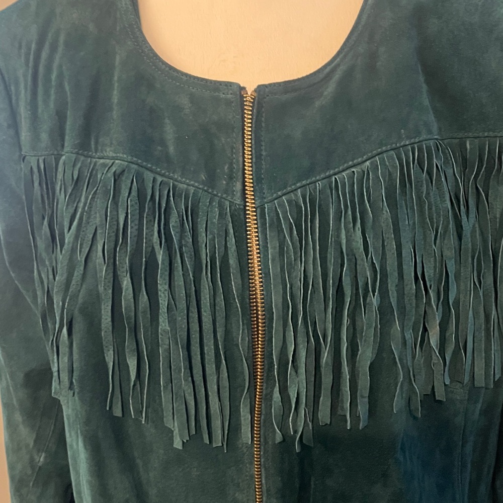Emerald Suede Fringe Zip-Front Fully Lined Cowgirl Festival Jacket, size IX
